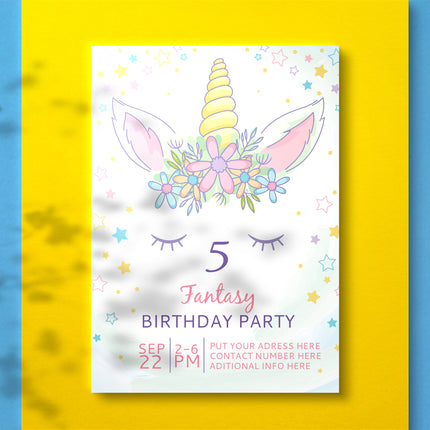 A5 Unicorn Kids Birthday Party Invitation IBD007
